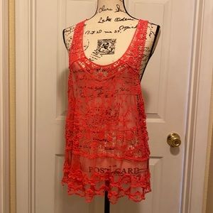 Embroidered coral mesh tank top